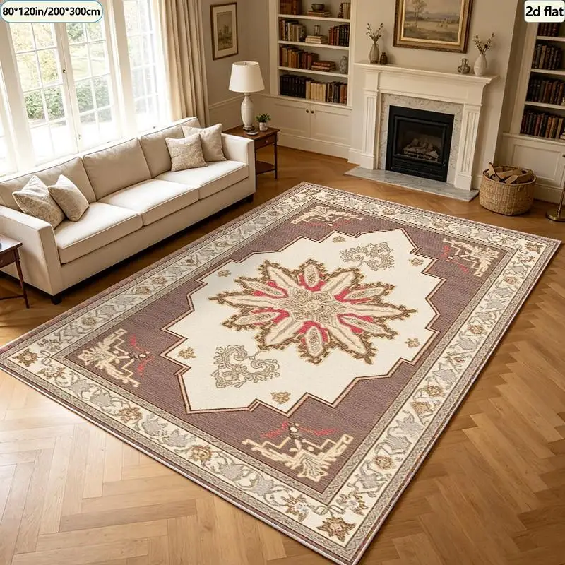 Classic Retro Medal Pattern Border Carpet Washable Carpet Non-Slip Indoor Living Room Bedroom Home Floor Carpet