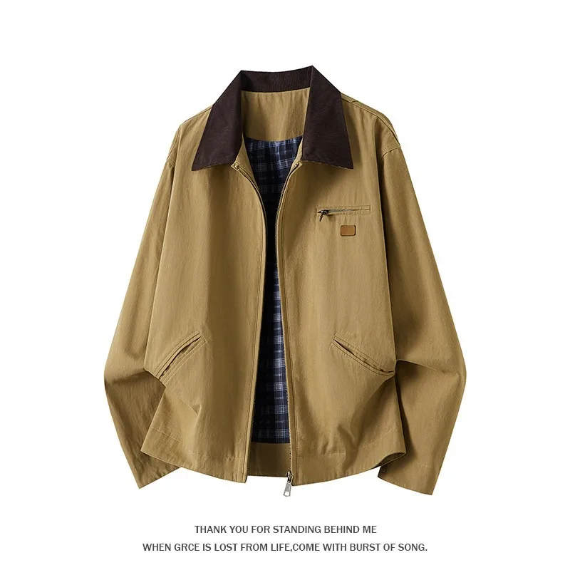 Men Corduroy Collar Work Jacket Vintage Harrington Jacket Zip Up Plaid Lined Casual Loose Cargo Outerwear Streetwear Coat
