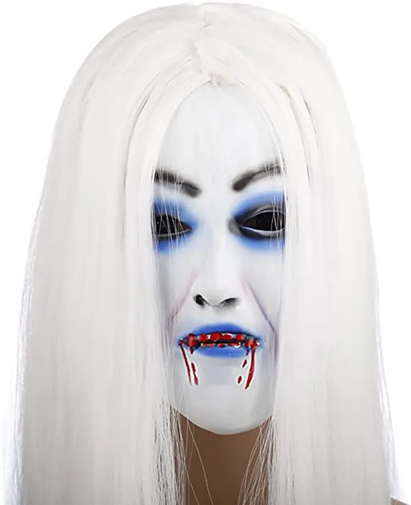 

Horror Halloween Mask, Demons Latex Mask with Wig, Creepy Cosplay Costume Party Props（White Hair）