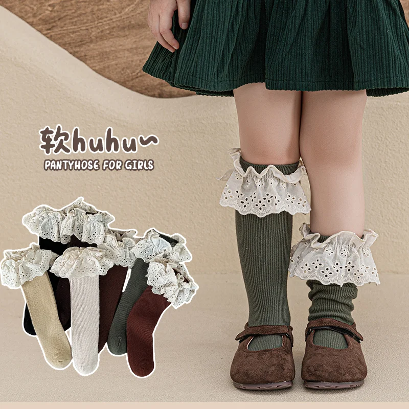 Girls Solid Color Hollow Embroidered Ruffle Trim Stacked Socks Breathable Lightweight Soft Stretchy Comfortable Socks For Daily
