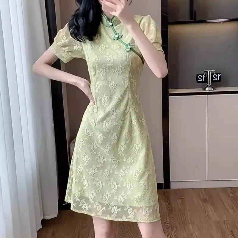 Qipao-Robe en dentelle de style chinois pour jeune fille, Cheongsam élégant, manches courtes, tempérament artistique et rétro, mince et à la mode, K1800, nouveau