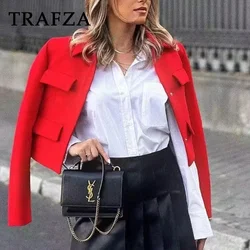 TRAFZA 2023 Autumn Winter Chic Red Women Office Lady Suits Single Breasted Short Blazers+Zipper High Waist Pants Elegant Sets