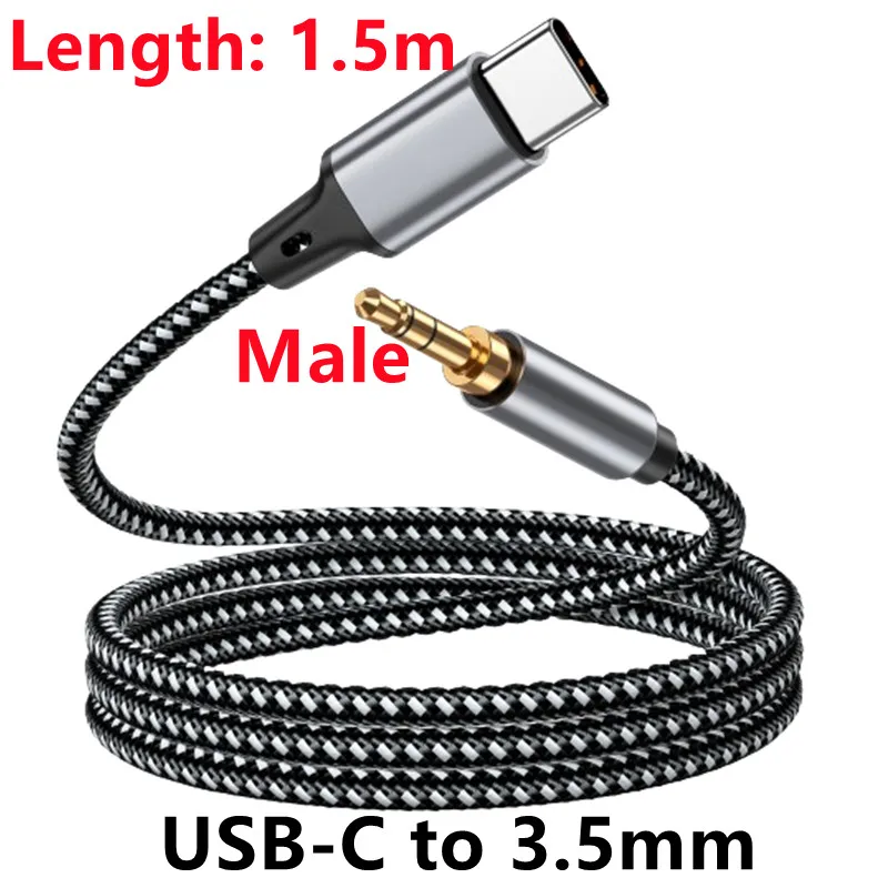 TABLLYUGE USB Type-C naar 3,5 mm Jack Aux-kabel USB-C Audio-adapter 1 m/1,5 m/2 m voor telefoonhoofdtelefoon Auto-audioconnector Aux-kabel