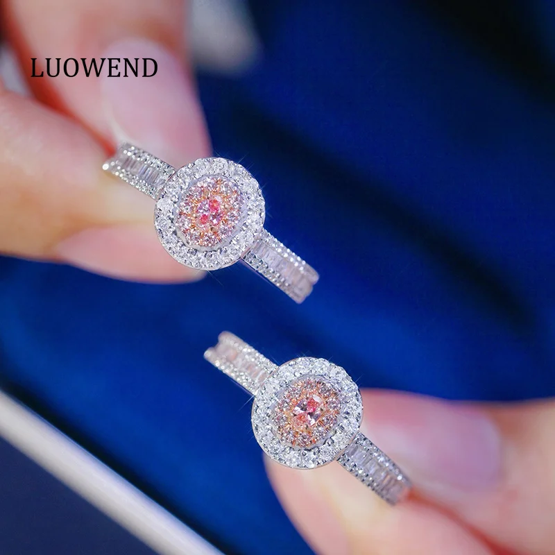 LUOWEND 100% 18K White Gold Rings Elegant Oval Shape Real Natural Pink Diamond Engagement Ring for Women High Wedding Jewelry
