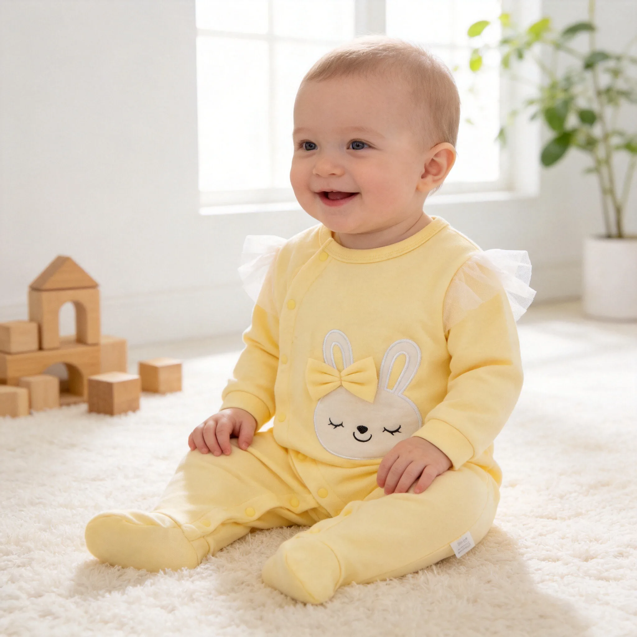 Jumpsuit Bayi Perempuan Baru Lahir Musim Semi & Gugur dengan Lengan Panjang Katun Murni Lucu Kuning Bordir Kelinci Kartun