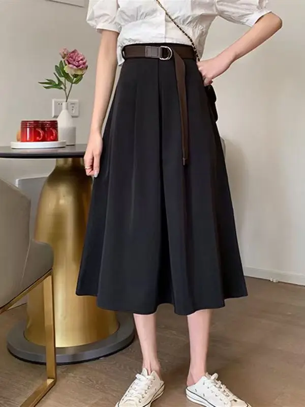 

plus Size Slimming Thin A-Line Midi Skirt with Elastic Waistband Covering Hip Summer New Style Korean Style Casual Skirt