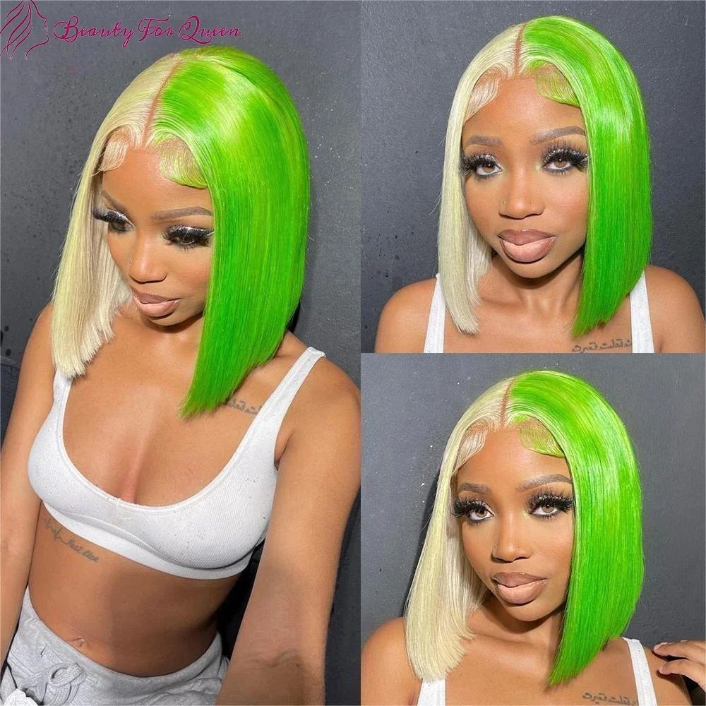 

200 Density Transparent 13x4 HD Lace Frontal Wigs High Quality Brazilian Colored Human Hair Wig 60 Green Straight Short Bob