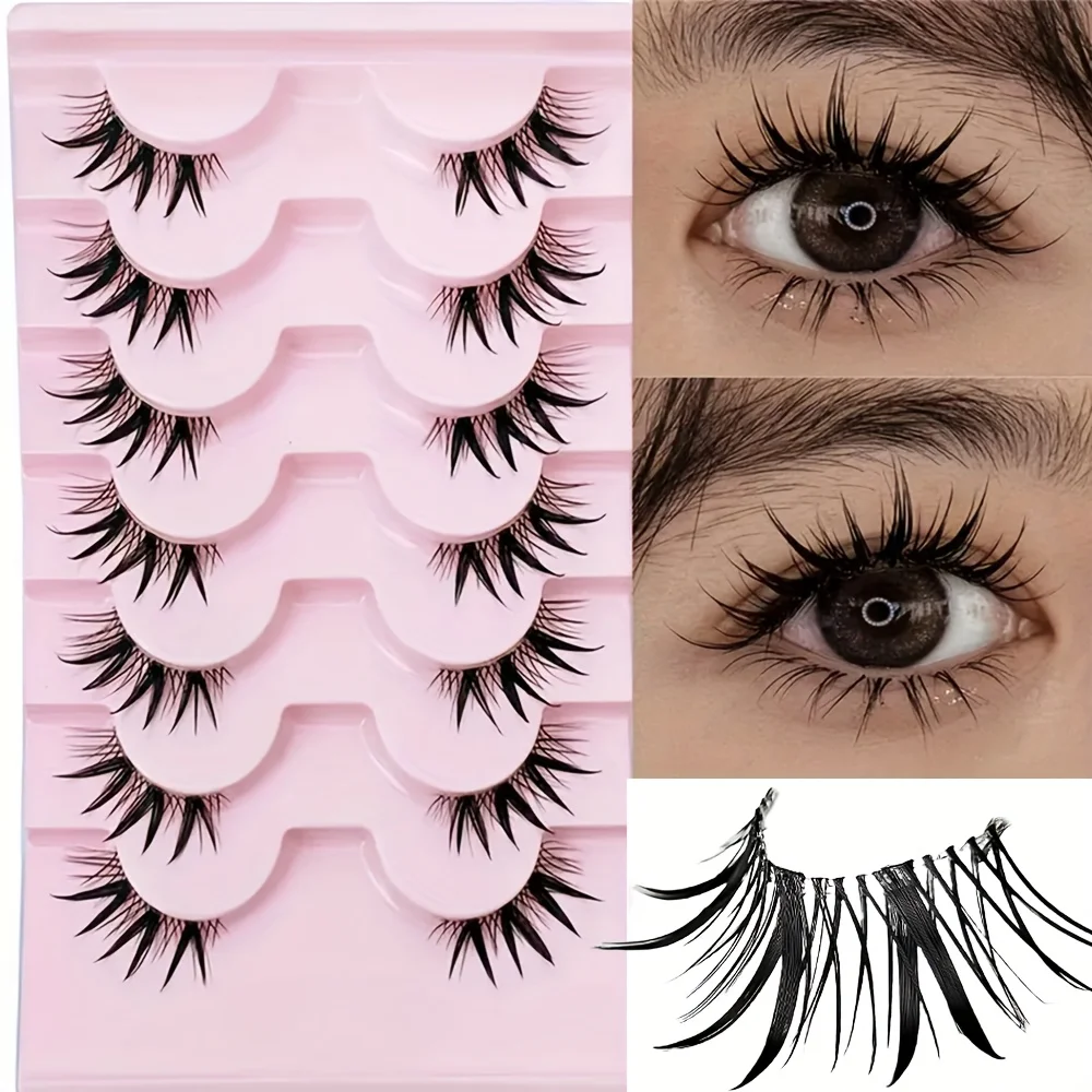 7 Paar Halbe Wimpern, Künstliche Wimpern im Manga-Stil, Japanische Anime Cosplay Wimpern, Spiky Wet Look Wimpern, Asiatische F-Wimpern