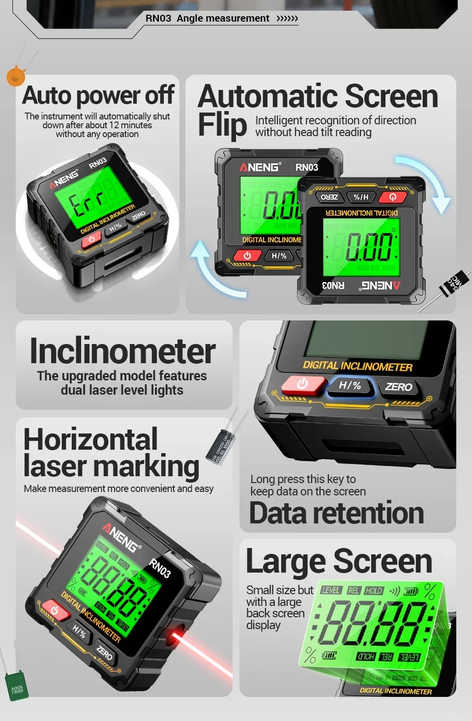 ANENG RN03 Handgehaltener Digitaler Winkelmesser Vierseitiger Magnet Horizontaler Laser Hintergrundbeleuchteter Bildschirm Wiederaufladbares Messgerät – Detail 5