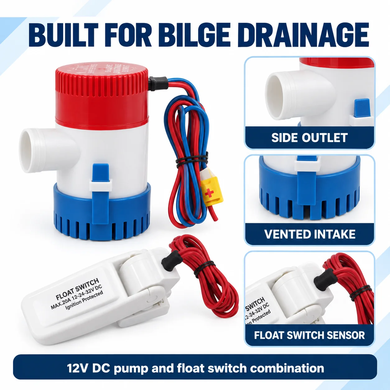 Bilge Pump with Float Switch and 12V DC Submersible Design 500 750 or 1100 GPH for Motorboat Yacht Houseboat and Seaplane Use
