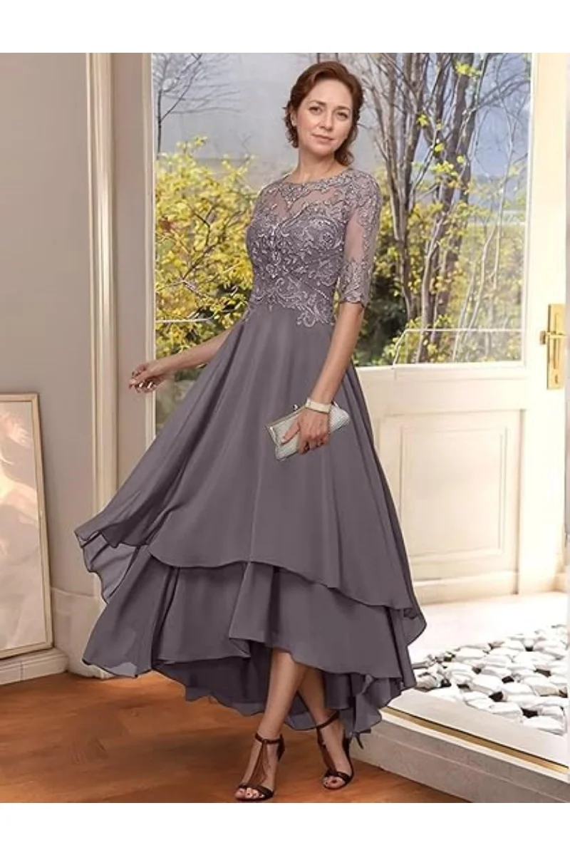 

Lace Applique Mother of The Bride Dresses for Wedding Tea Length Half Sleeve Chiffon Formal Dresses for Women Wedding Guest