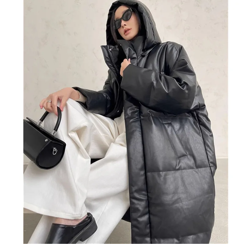 PU leather Down Jacket Women\'s 2025 Winter New Korean version Hooded White duck down Loose Thick Coats Female Parka Overcoat