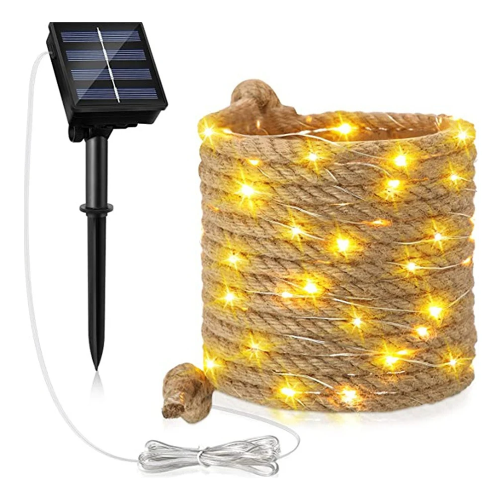 

Solar Powered Lights Hemp Rope String Lights 5M 10M 8 Modes Fairy Lights Outdoor Decoration Lighting for Garden Tree Fence Decor