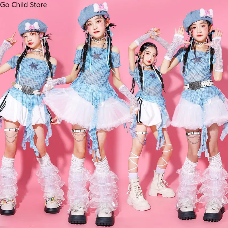 Ensemble de vêtements pour filles K-pop, haut court à épaules dénudées, jupe tutu, vêtements de danse de rue hip-hop jazz pour enfants, vêtements élégants pour filles, streetwear pour groupe de filles