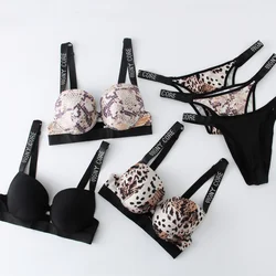 Letter Rhinestone Sports Leopard Sexy Lingerie Set Gathered Push Up Seamless Bra Set Fashion Traceless Thin Fitness Underwear