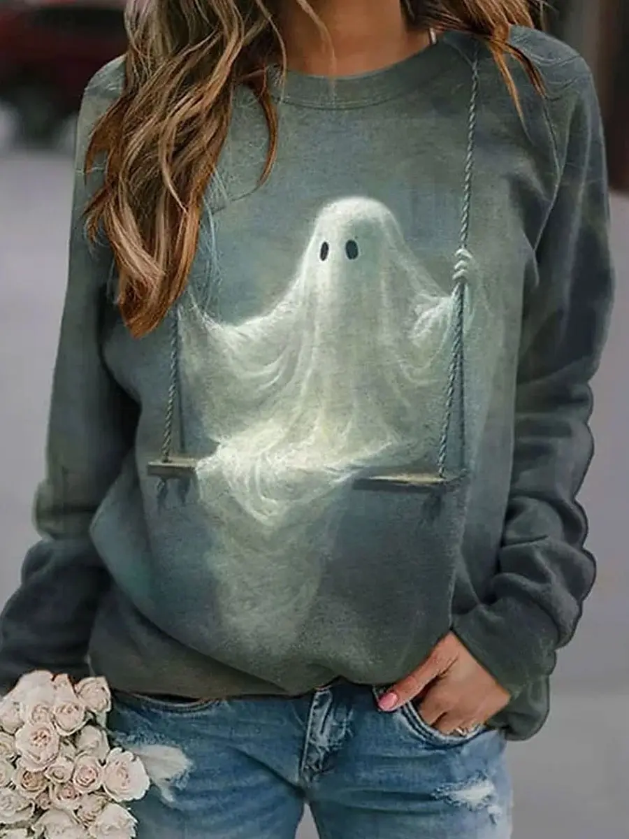 Halloween Women's Ghost Graphic Sweatshirt 3D Print O-Neck Long Sleeve Tops  Women's Apparel Y2K Streetwear Fall Winter Pullover