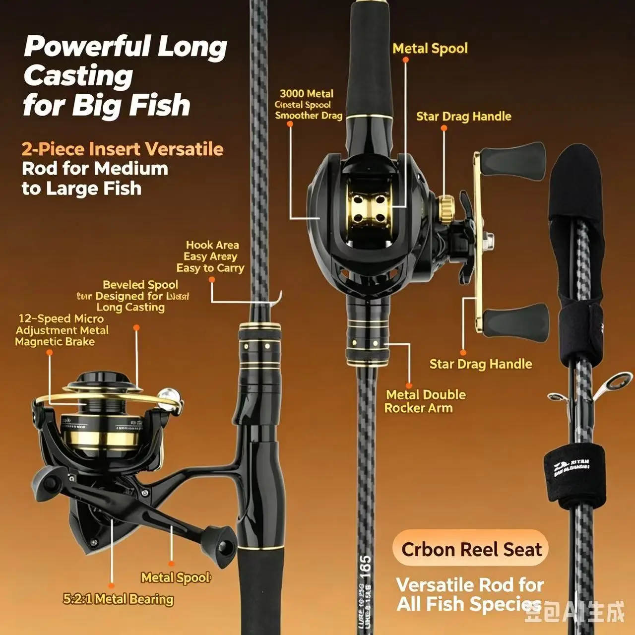 Carbon Fiber Fishing Rod & Reel Combo for Long Distance Casting, Saltwater Sea Fishing (Length: 1.66m/1.81m/2.11m/2.41m)