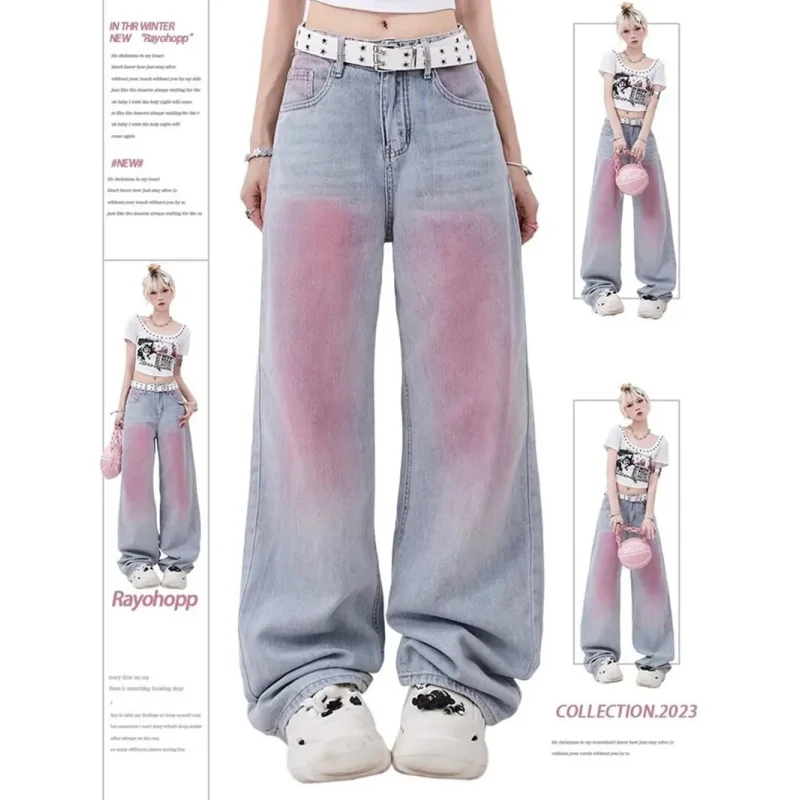 

Blue Womens Jeans Pink High Waist Straight Baggy Denim Pants Europe and America Fashion Y2K Female Wide Leg Denim Trouser