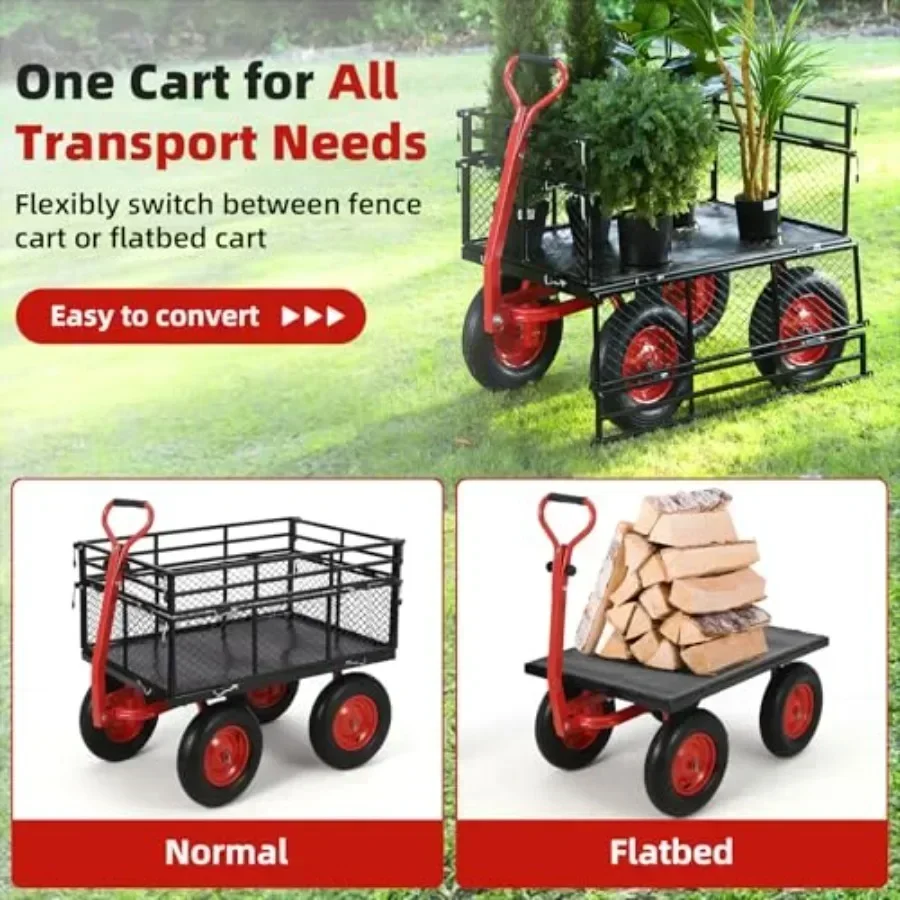 1400 lbs Steel Garden Cart, Heavy Duty Metal Yard Utility Wagon with Removable Mesh Sides, 2-in-1 180° Rotating Handle and 16 i