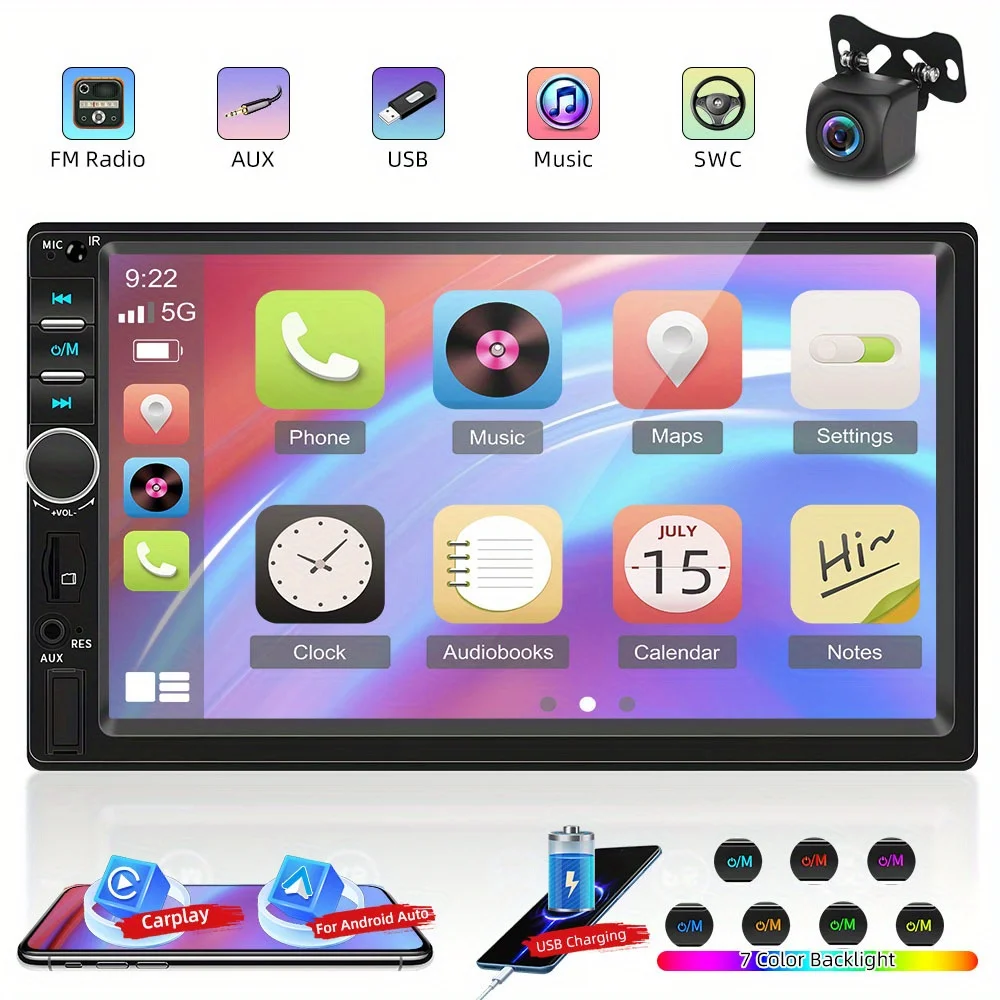 7inch HD Touch Screen Car Stereo, USB, FM Radio, AUX, Wireless, Mirror Link, 7-Color Backlight 2 Din Car Audio System