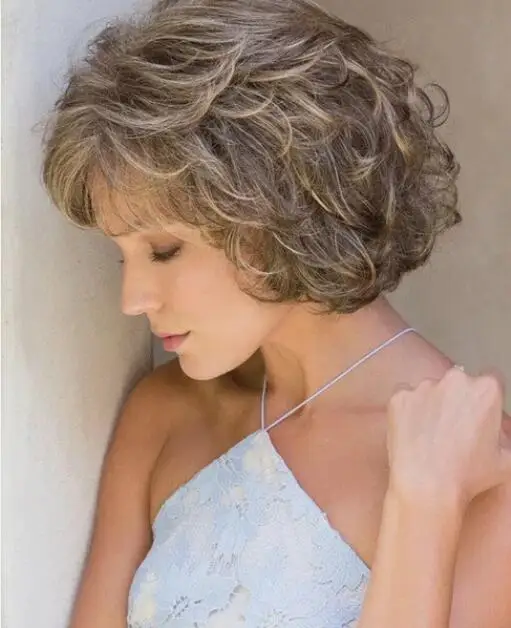 

Short Curly Side Bangs Ombre Brown Blonde Highlight Synthetic Hair Wig