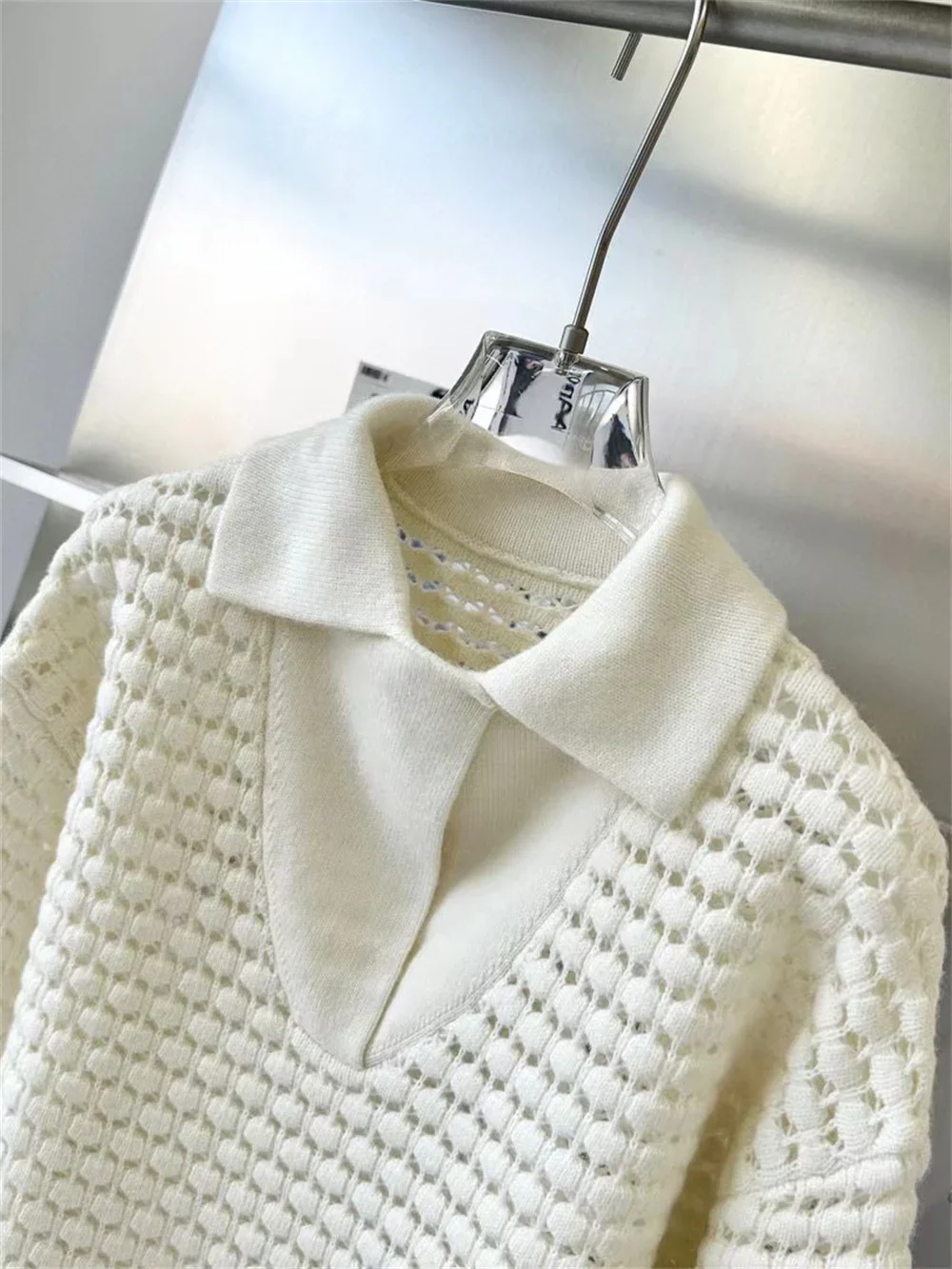 Sweater for Women 2023 New Crochet Hollow Out Turn Down Collar Solid Color Loose Casual Long Sleeve Pullover