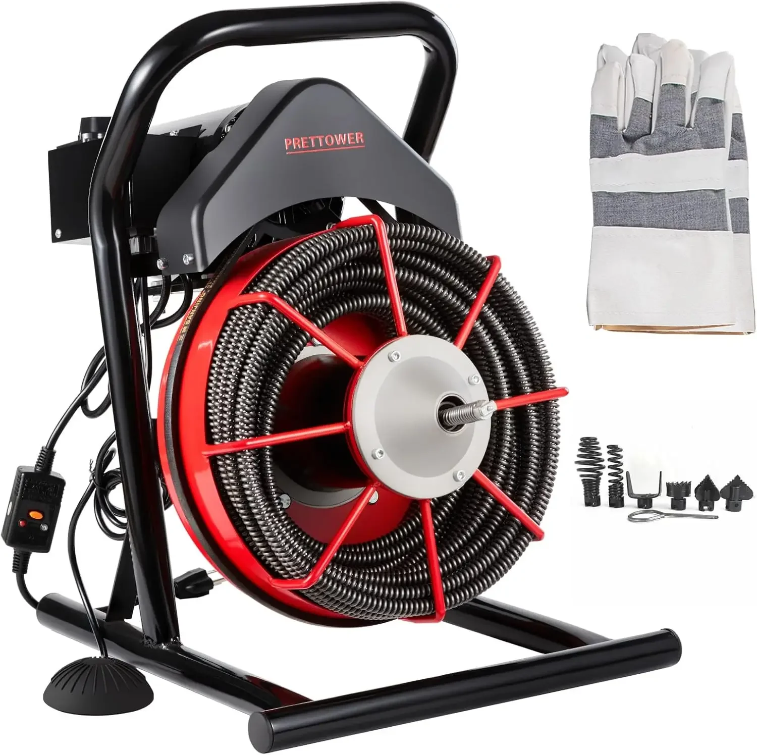 drain cleaner machine，75 Ft x1/2 Inch Electric drain auger, Portable Design, Comes with 6 knife heads,gloves，Foot air switch con