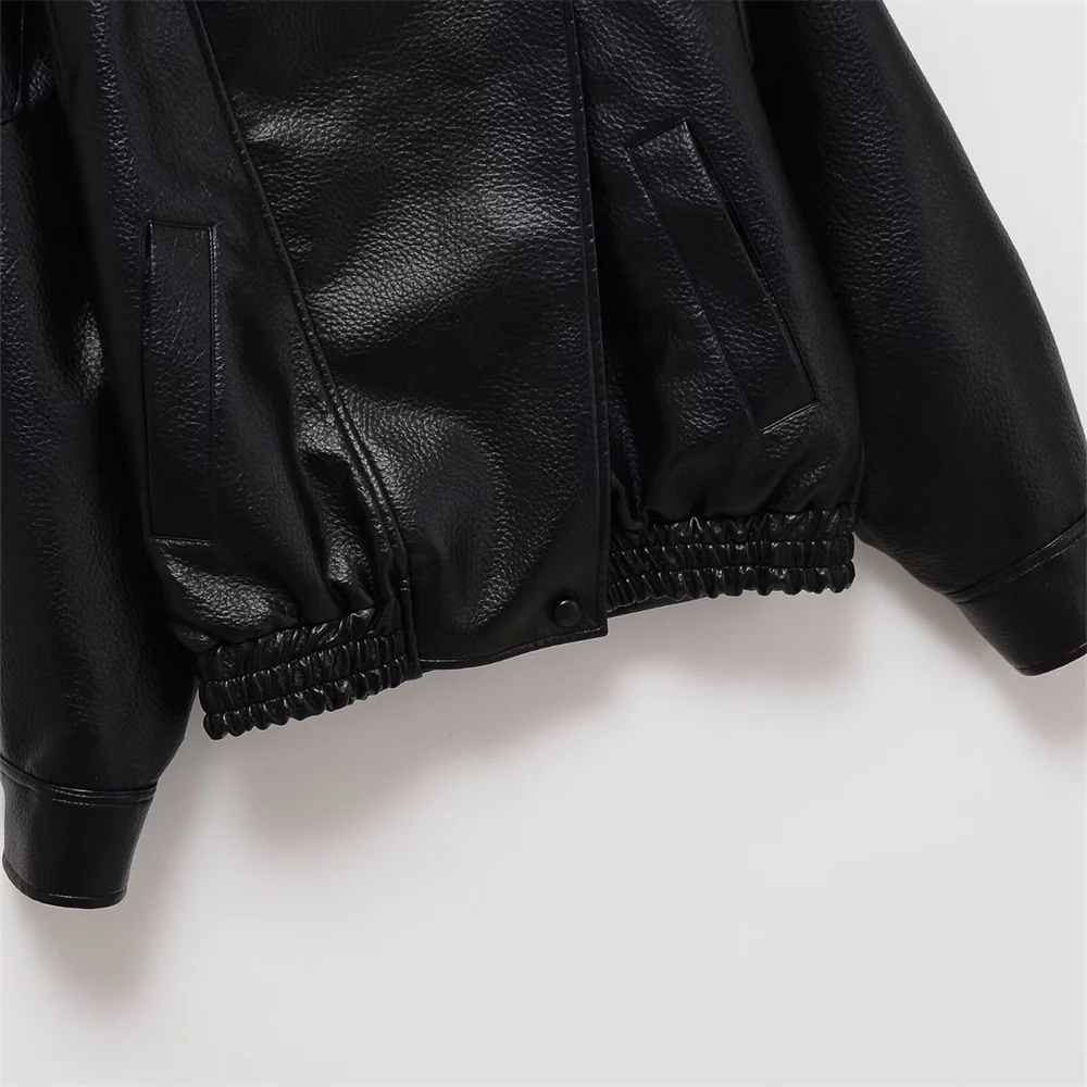 سترة نسائية جديدة غير رسمية متعددة الاستخدامات من الجلد الصناعي بأكمام طويلة وياقة واقفة بلون سادة وفضفاضة