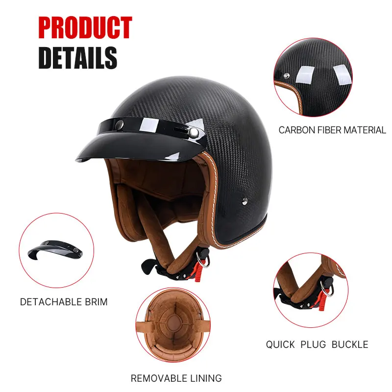 Retro Carbon Fiber Helmet Motorcycle 3/4 Open Face Helmet Motocross Racing Casco Motorbike Helmets casco de moto DOT Approved