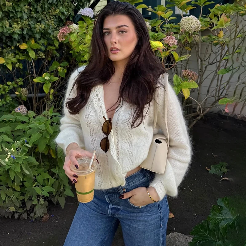 เสื้อคาร์ดิแกนไหมพรมถักลายฉลุ แขนยาว ทรงหลวม สไตล์ลำลอง ติดกระดุมแถวเดียว สีพื้น สำหรับผู้หญิง คอลเลคชั่นฤดูใบไม้ร่วง ปี 2025 รุ่น Tornova