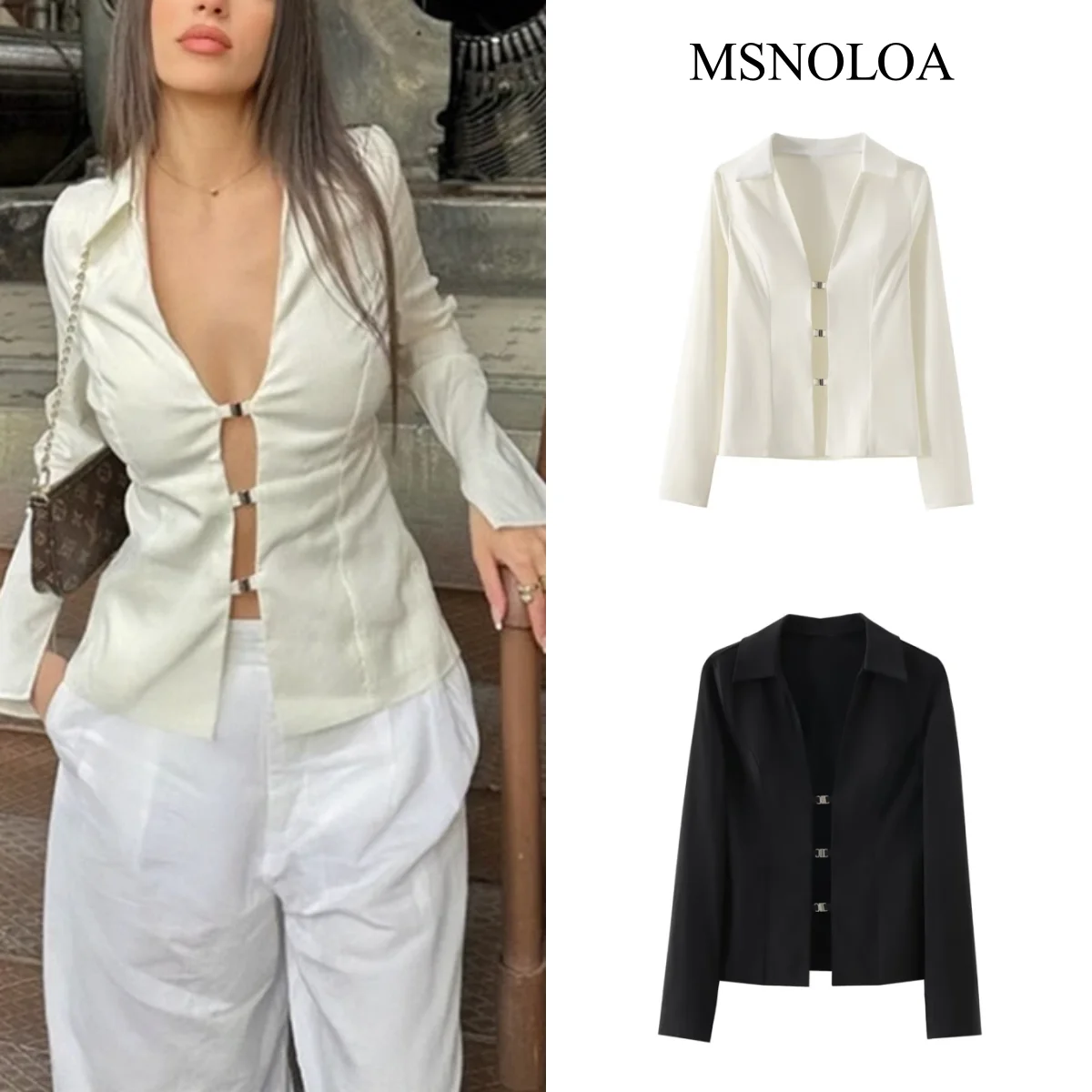 MSNOLOA 2024 Spring/autumn New Women's Fashion and Elegance Slim Fit Versatile V-neck Hollow Design Flip Collar Shirt