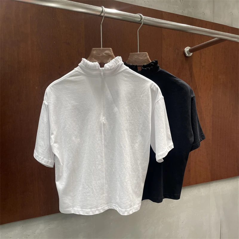 New Summer Women's Stand Collar Lace Short Sleeve T-Shirt, High Quality, Fashionable, Loose Fit, Casual, Heavyweight 3D Top
