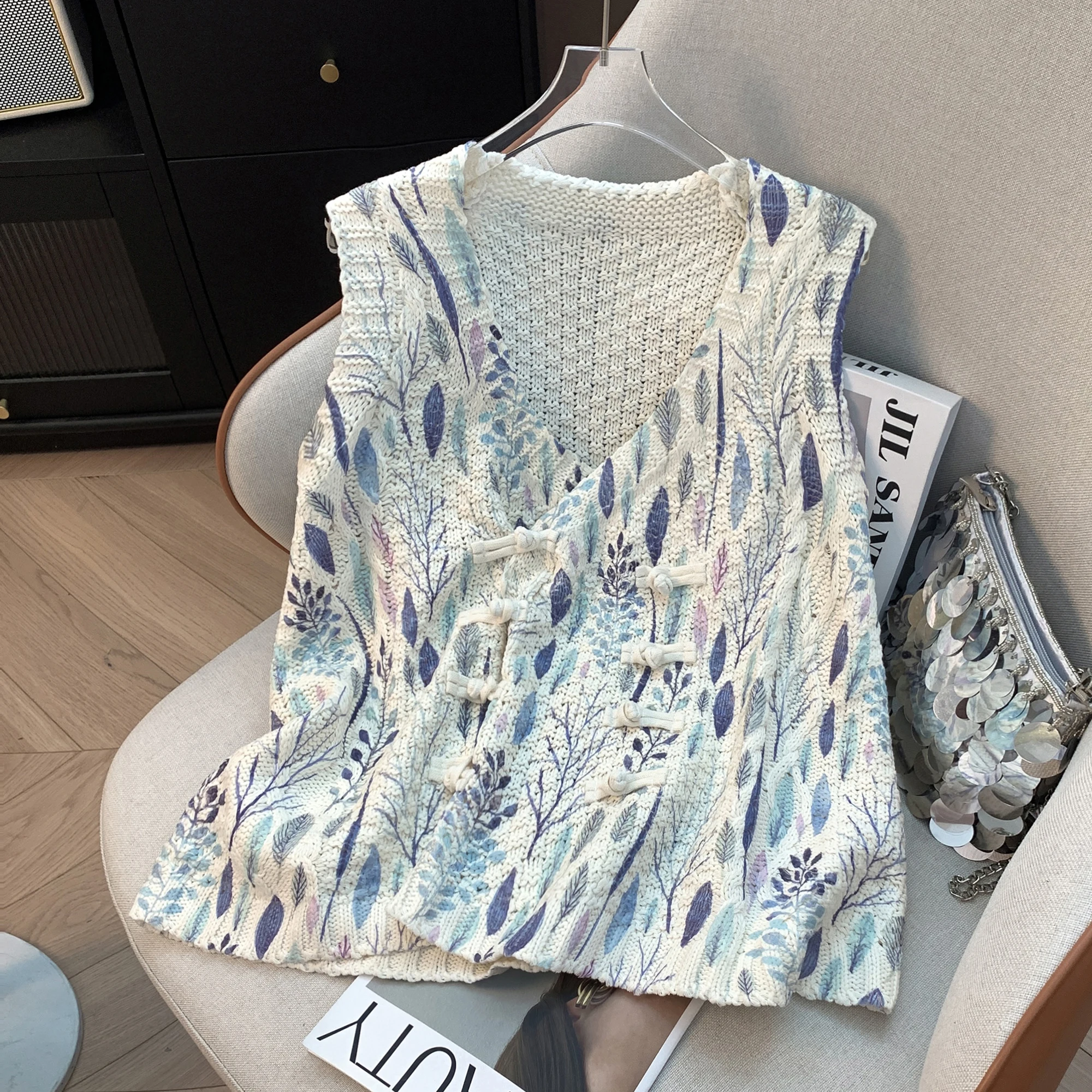 

Художественный вязаный свитер с цветочным принтом, жилет на пуговицах, весенняя мода, ретро Sle, хлопок, полиэстер, тонкий дизайн, женский топ