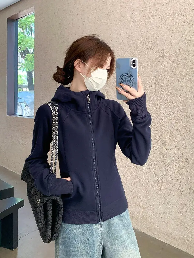 

American Retro Thickened Fleece Hooded Yoga Top Women's Autumn Winter Slim Fit Jacket Cardigan Zipper Closure Long Sleeve Sol...