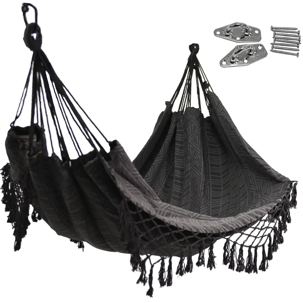 

Black Polyester Jacquard Macramé Hammock with Indoor Hanging Kit Bundle Open Size 81" L X 59" W