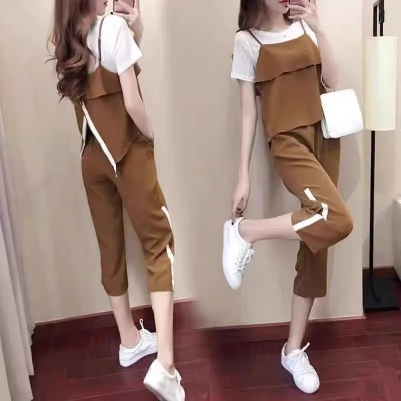 

Fashionable Women's Summer Set Loose Slimming Short Sleeve T-Shirt Wide Leg Pants Vest Three-Piece Korean Style CleanFit
