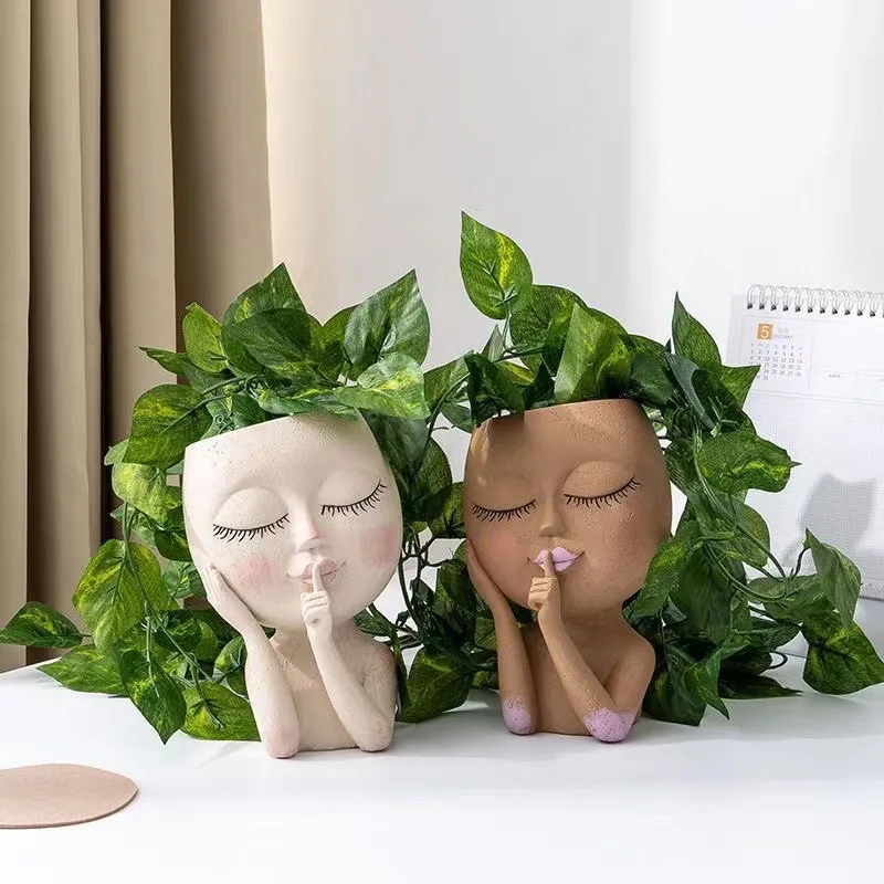 Figure Shape Planter Human Face Resin Flower Pot Creative Flower PotSucculent Plant Resin Ornament Desktop Green Plant Ornaments