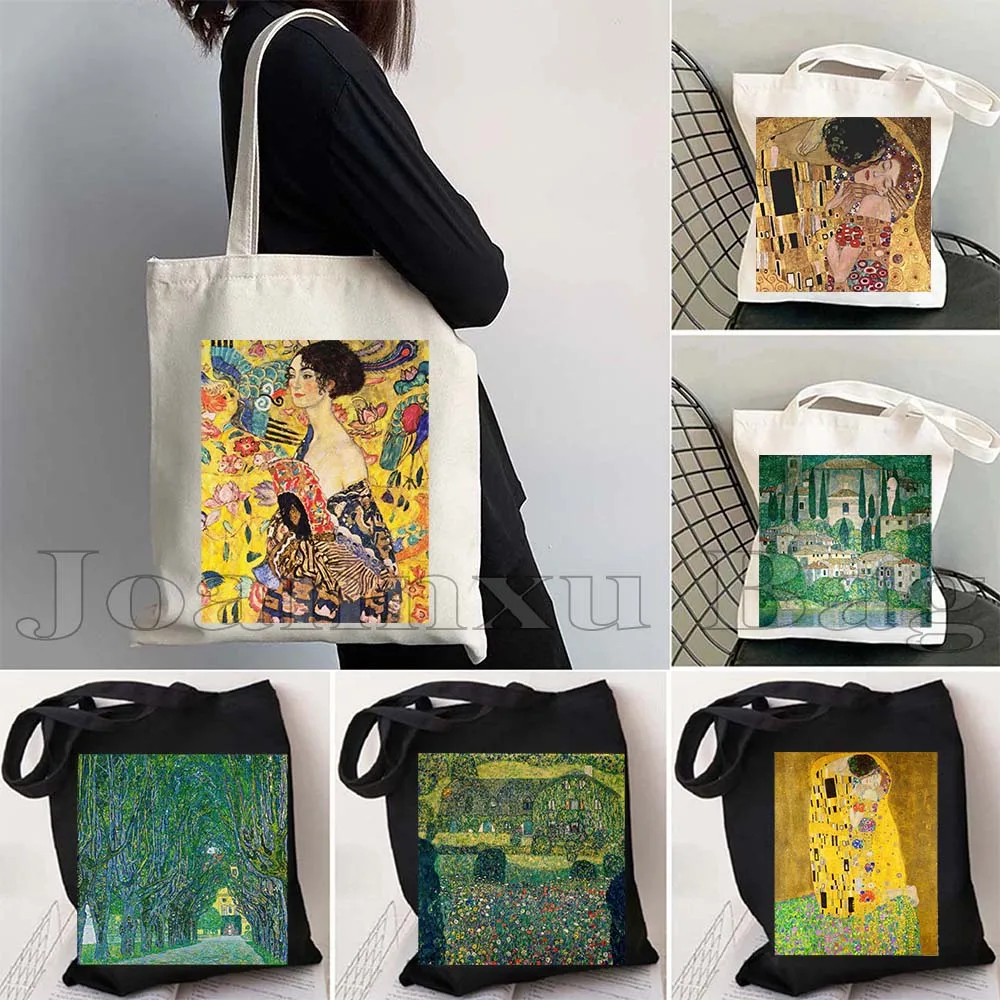 Fashion Austria Gustav Klimt Painting Farmhouse Kiss Death and Life Flower Garden Print Women Canvas Tote Bag Shopper Handbag