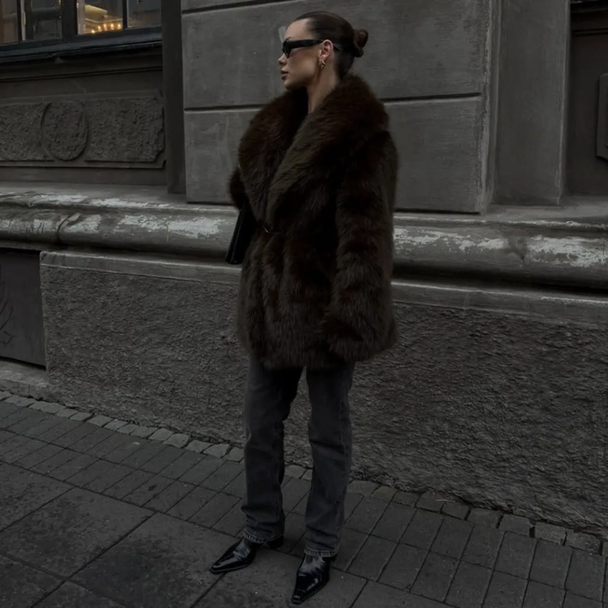 BJTZ Cappotto stile pelliccia sintetica di media lunghezza con colletto rovesciato per la stagione autunnale e invernale Top color caffè marrone caldo Ecologico