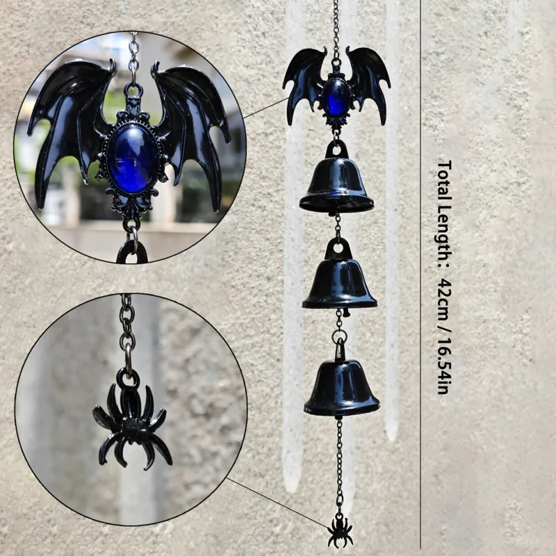 42cm Gothic Metal Wind Chime Bat Spider Bell Hanging Pendant Halloween Decoration Outdoor Garden Porch Wall Home Decor