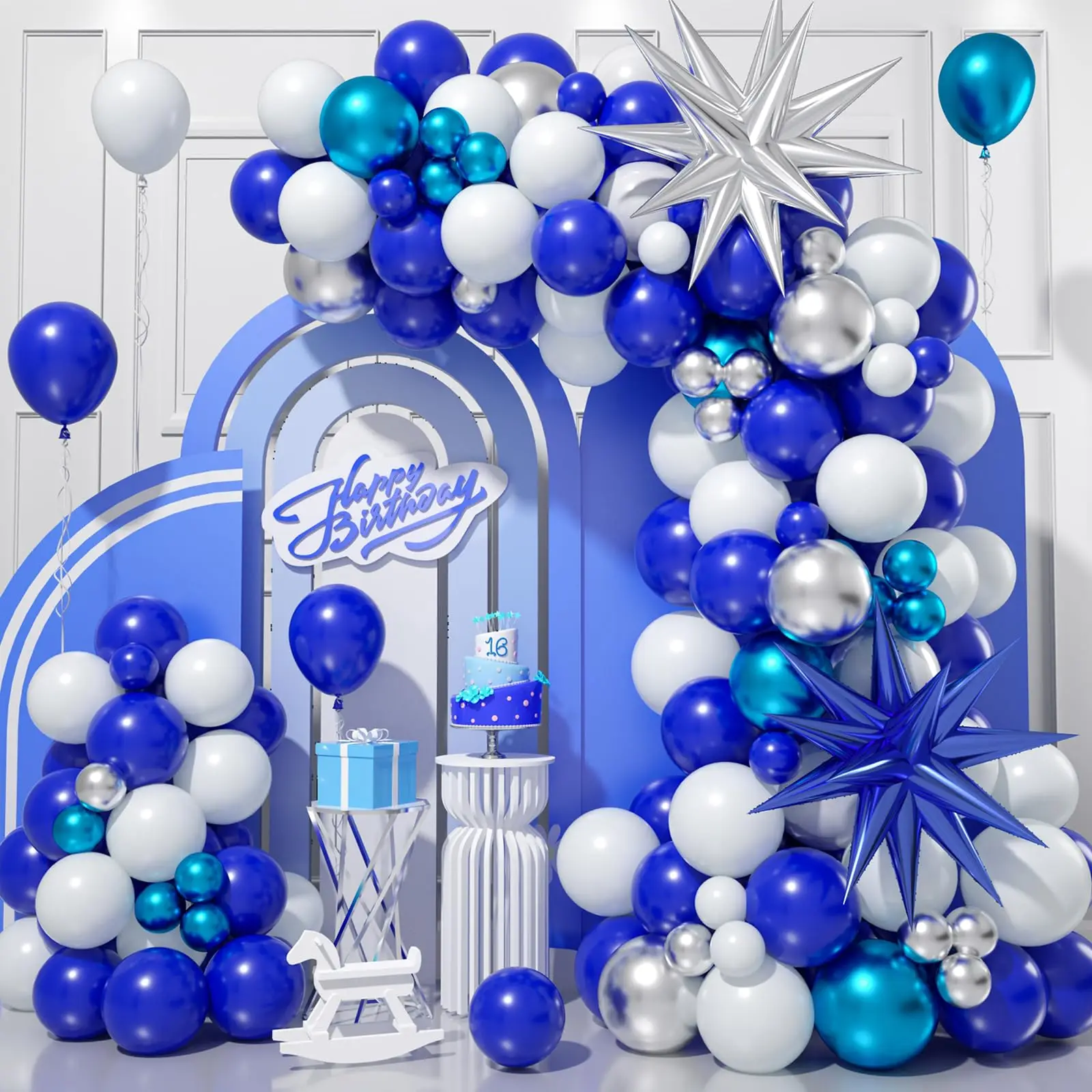 104Pcs Royal Blue White Balloons Garland Arch Kit, for School Birthday Party Graduation Wedding Anniversary Decoration Supplies