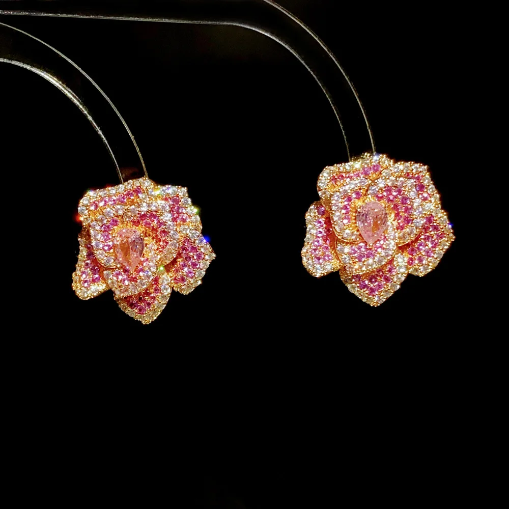 Stunning Pink Crystal Flower Ear Stud 925 Silver Padparadscha Sapphire Drop Dangle Buckle Earrings Luxury Anti-allergy Jewelry