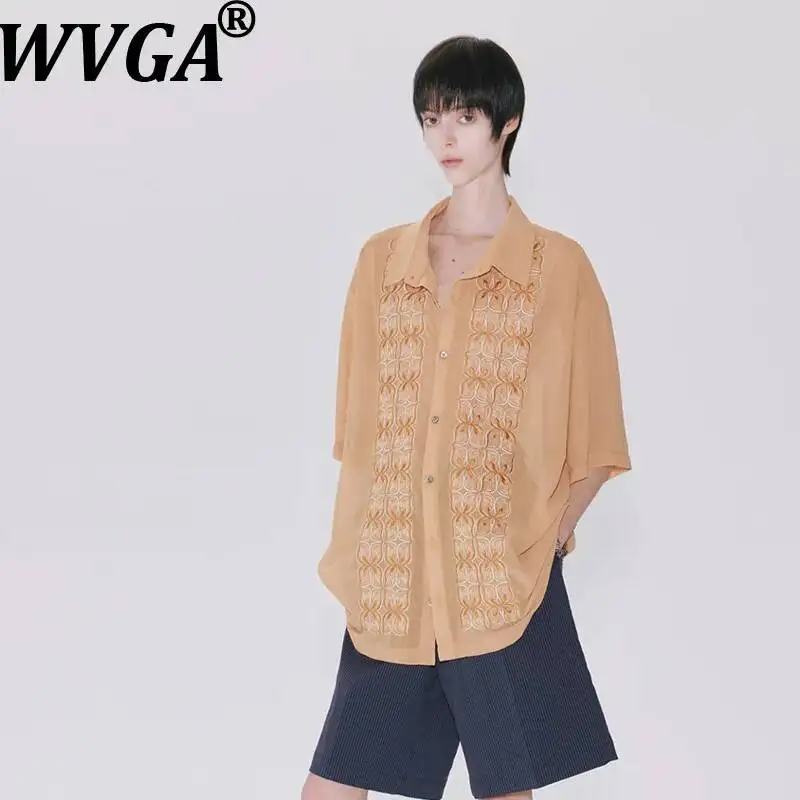 

WVGA Summer New Men's Geometric Floral Embroidery Loose Semi-Transparent Trendy Short Sleeved Shirt Niche Casual Tops Ins W25153