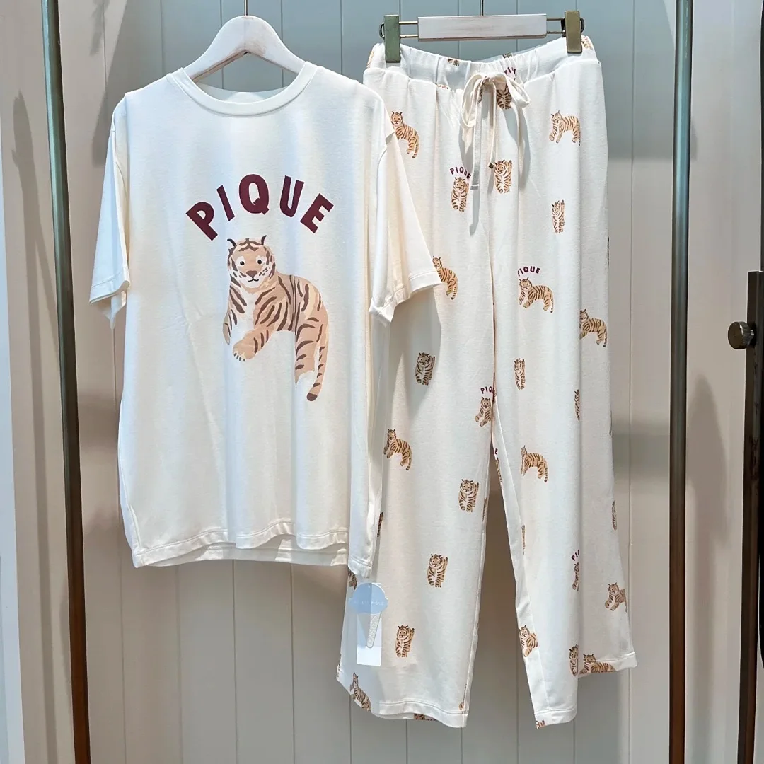 Pajamas Set Room Wear Ladies Cute Pijama Kawaii Tiger Printing Clothes Lounge wear Women Cotton Knitted Sleepwear