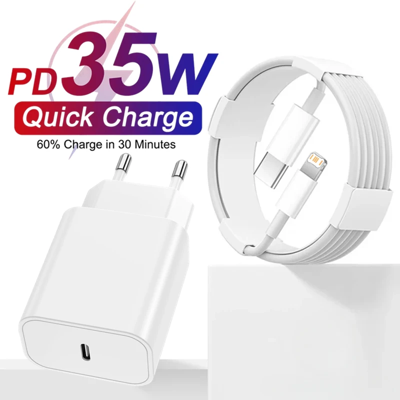 35W PD Fast Wall Charger For iPhone 11 12 13 mini 14 Pro XS Max X XR 7 8 Plus SE Quick Charging PD Cable USB C Travel EU Charger