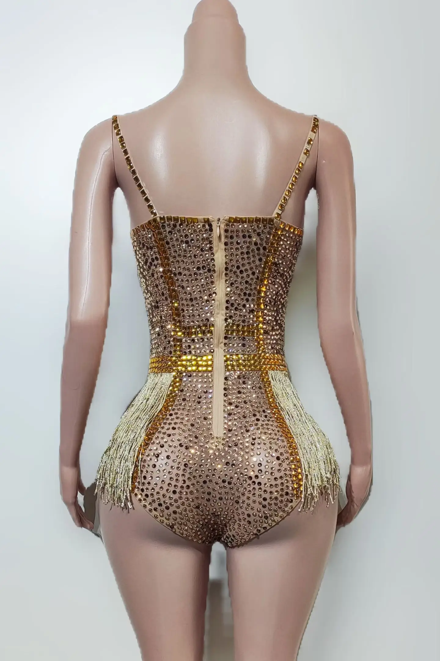 Jinmang Glamorous Gold Tassel Fringe Rhinestone Mesh Bodysuit V Neck Spaghetti Strap Festival Performance Outfit view 6
