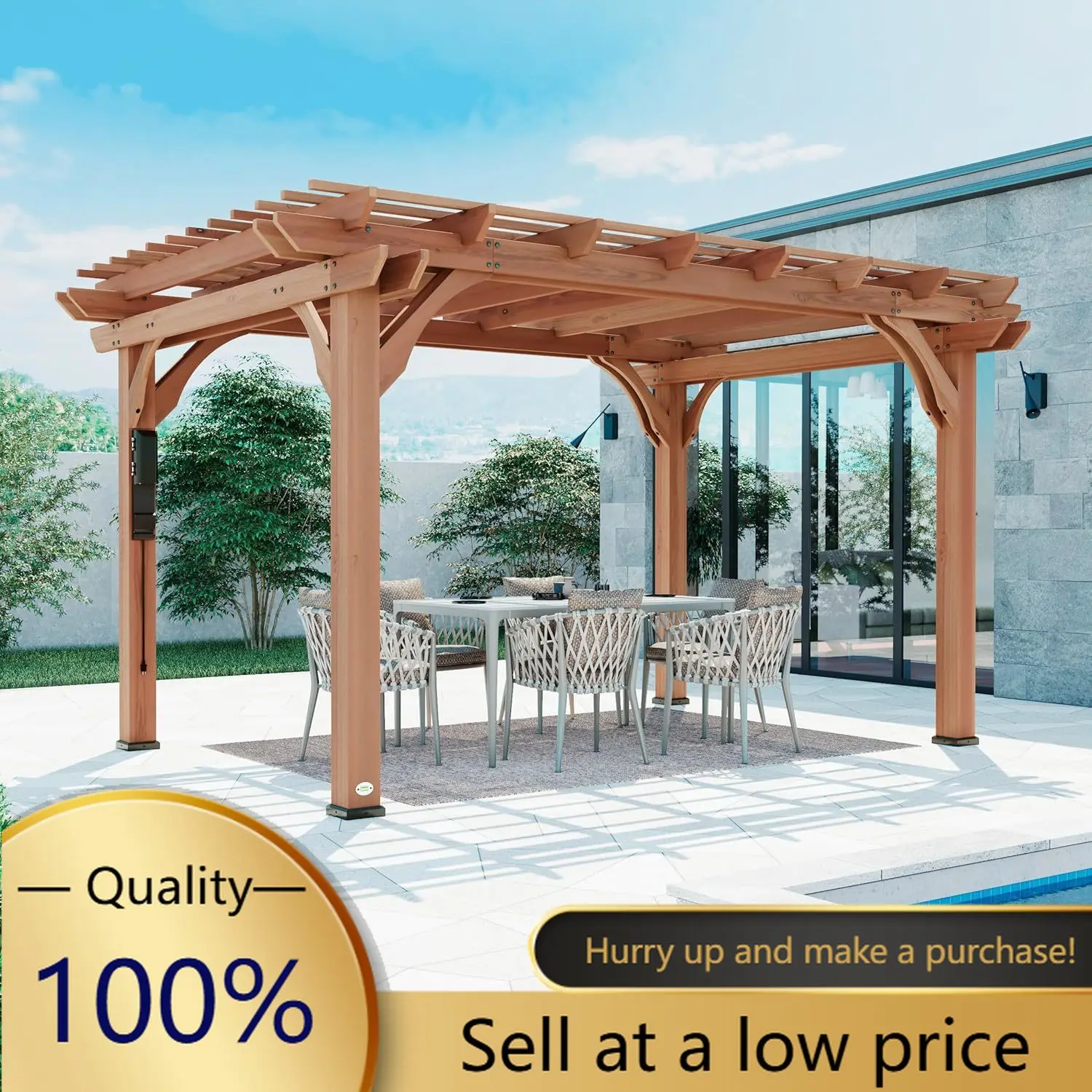 Beaumont 14' x 10' Traditional Cedar Wood Pergola Kit with Trellis Roof, All-Season Durability, High-Wind Rating, PowerPort, Sha