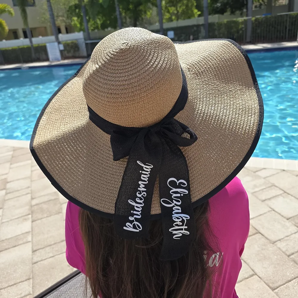 

Custom Bridesmaid Beach Hat Bridal Party Floppy Hat Bachelorette Hen Party Decor Honeymoon Wedding Proposal Idea Bridal Shower