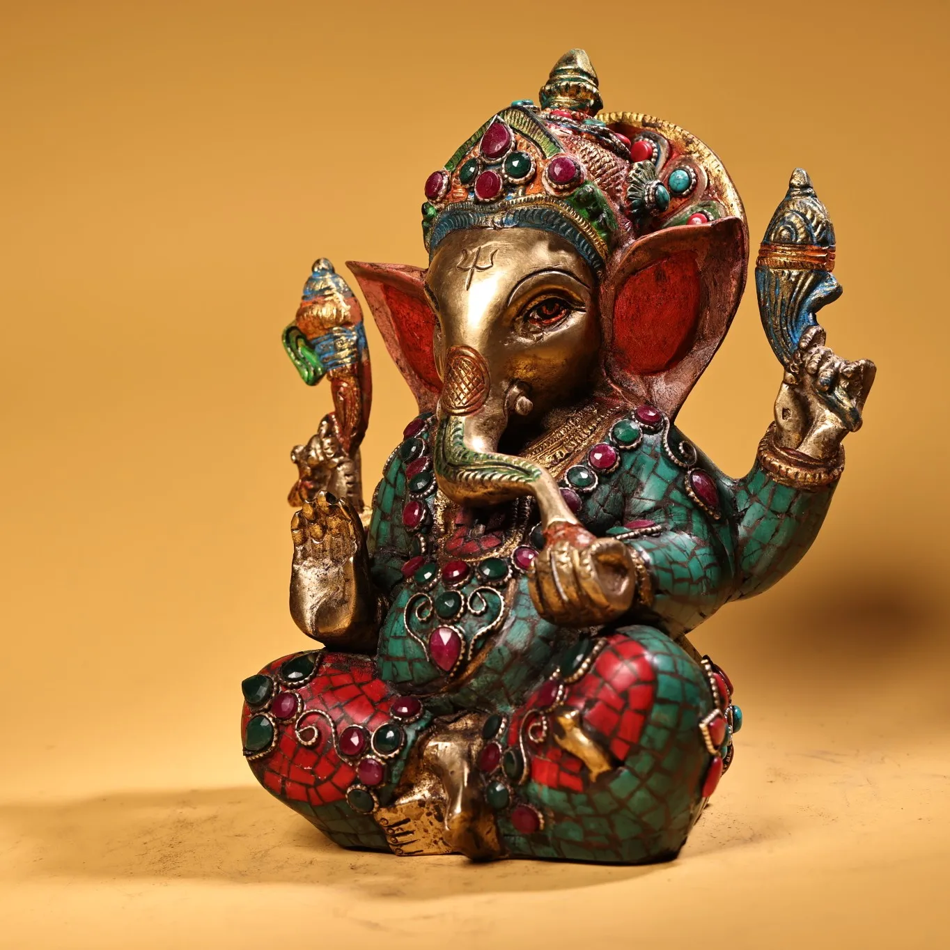Old Bronze Painted Outline in gold Mosaic Gem Turquoise Geneisha Buddha Elephant Trunk God of