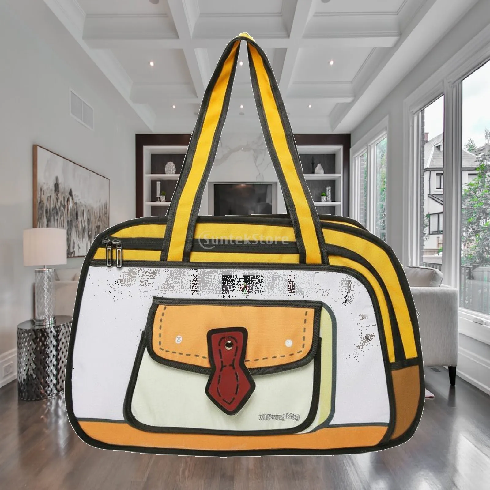 eye-catching-2d-cartoon-illusion-bag-for-women-flat-design-oxford-cloth-handbag-with-zipper-pocket-for-students-travel-gym
